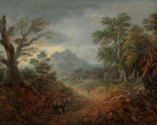 Een bebost landschap met ezels en personages op een pad - Thomas Gainsborough — weergave van het kunstwerk