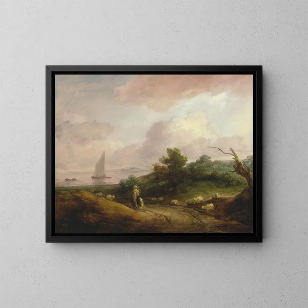 Landschap aan de kust met een herder en zijn kudde - Thomas Gainsborough — ingelijst kunstwerk aan de muur