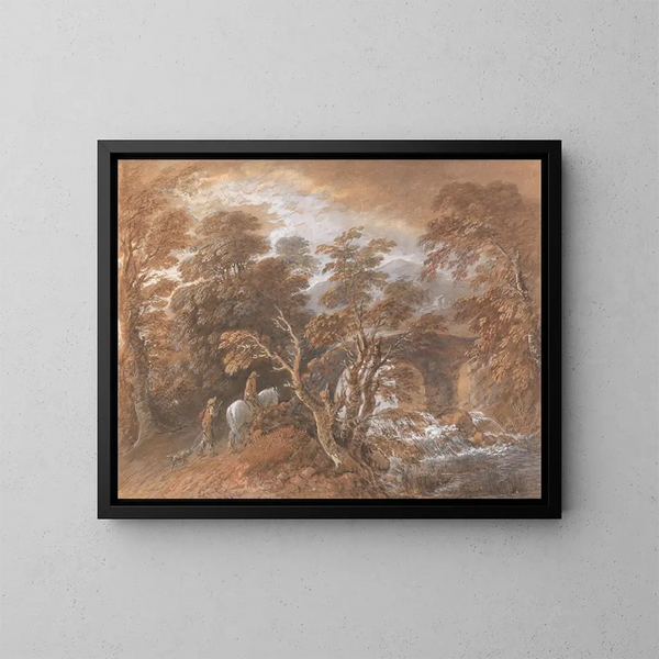 Landschapschilderij met glooiende heuvels en figuren die naar een brug toekomen - Thomas Gainsborough — ingelijst kunstwerk aan de muur
