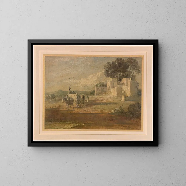 Landschap met paard, strijdwagen en ruïne - Thomas Gainsborough — ingelijst kunstwerk aan de muur