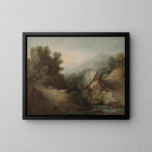Bosrijk landschap met rotsen, een vallei en een waterval - Thomas Gainsborough — ingelijst kunstwerk aan de muur