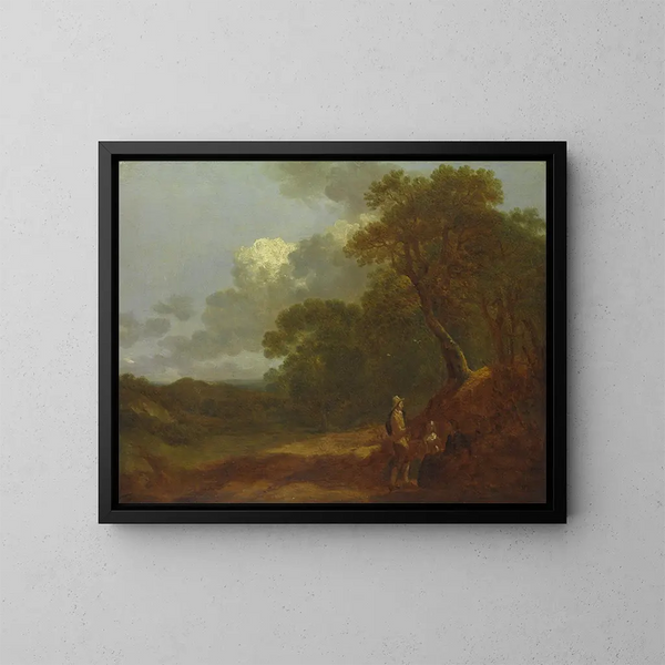 Boslandschap met een man die spreekt met twee zittende vrouwen - Thomas Gainsborough — ingelijst kunstwerk aan de muur