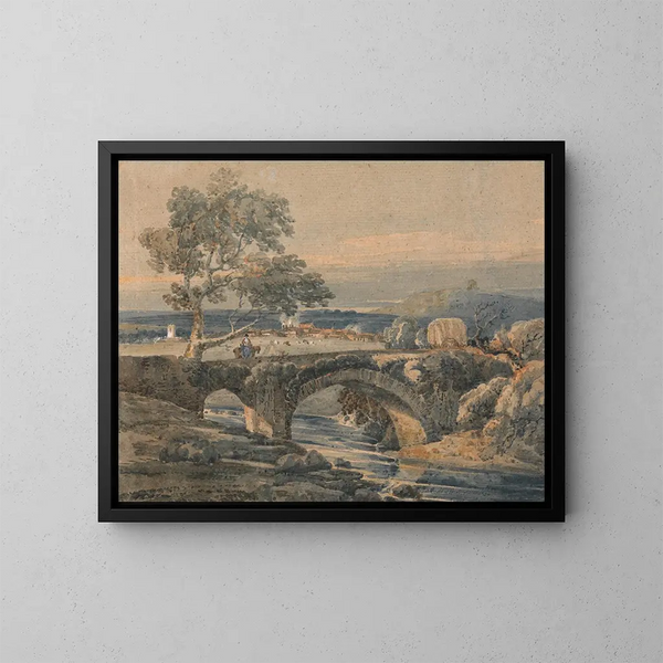 The Old Bridge at Devon - Thomas Girtin — framed artwork on a wall