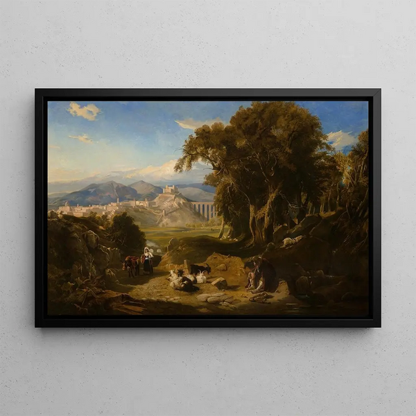 Thomas Hartley Cromek - A view of the Umbrian campagna with Spoleto in the distance and a goatherd and his flock in the foreground.webp