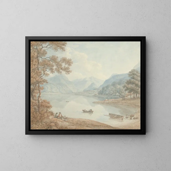 Vue sur Derwent Water en direction de Borrowdale, Cumberland - Thomas Hearne — framed artwork on a wall