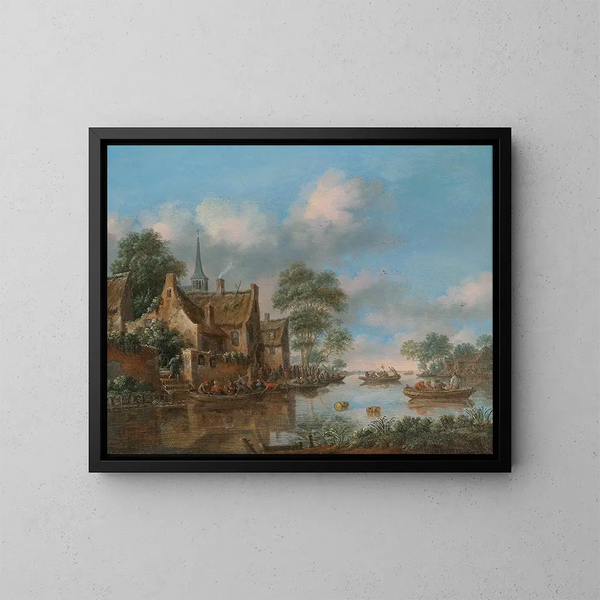 a river landscape with fishermen - Thomas Heeremans — framed artwork on a wall