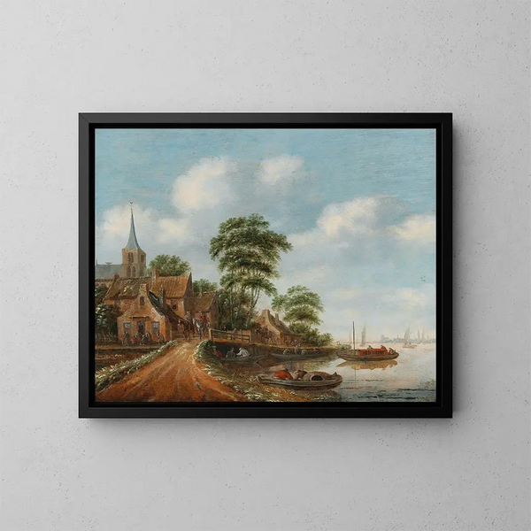 a village by a river - Thomas Heeremans — framed artwork on a wall