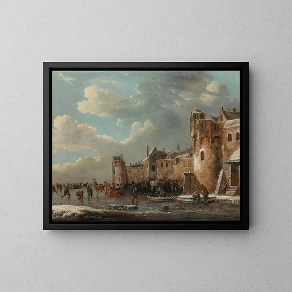 Skaters and a Horse-Drawn Sledge on the Ice in Front of a Fortified City - Thomas Heeremans — framed artwork on a wall