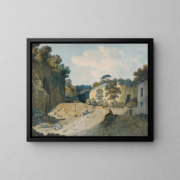 A road in a ravine near Naples - Thomas Jones — framed artwork on a wall
