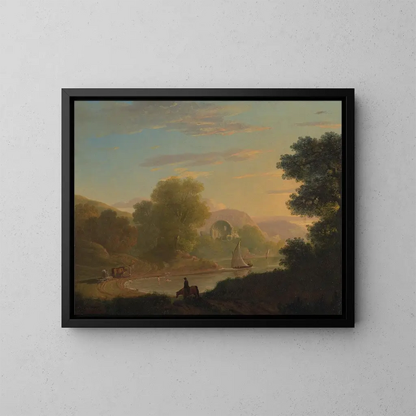 an imaginary coastal scene with the Temple of Venus at Baiae - Thomas Jones — framed artwork on a wall