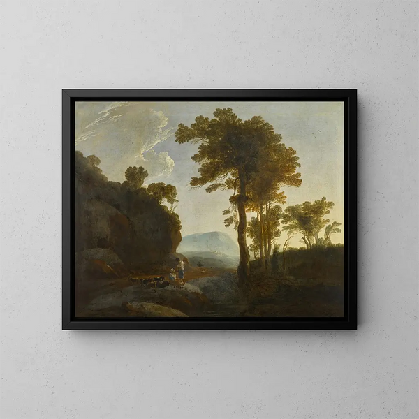 Extended landscape painting with a shepherd and a shepherdess and their flock - Thomas Jones — framed artwork on a wall