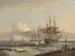 van een Britse schip van 74 kanonnen dat zijn zeilen hijst terwijl het zich voorbereidt om de ankerplaats te verlaten, met een fregat en diverse kustboten op de achtergrond - Thomas Luny — weergave van het kunstwerk