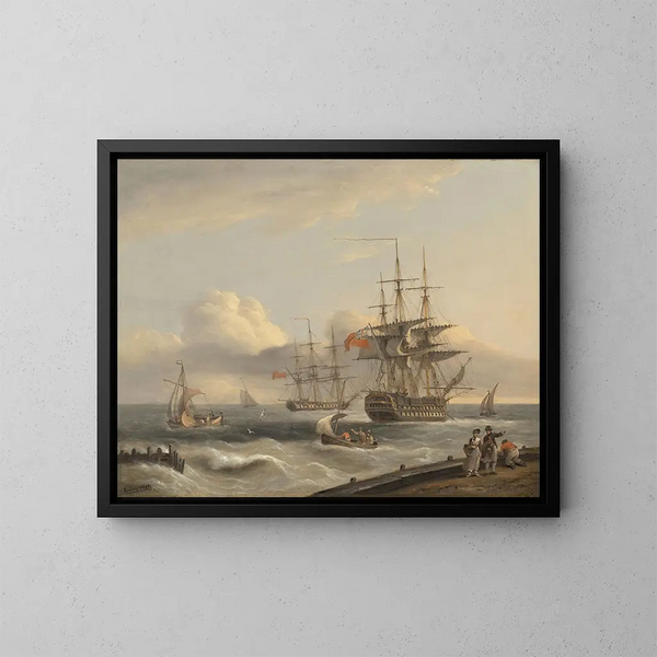 a British 74-gun ship deploying its sails as it prepares to leave the anchorage with a frigate and various coastal boats in the distance - Thomas Luny — framed artwork on a wall