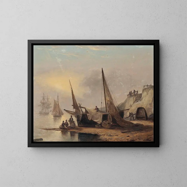 Fishermen sitting near their boat at low tide, Devon - Thomas Luny — framed artwork on a wall