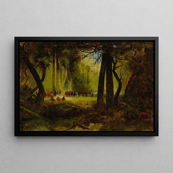 Reception of Dominique de Gourgues by the Indians - Thomas Moran — framed artwork on a wall