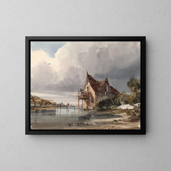 a river and a cottage with a white picket fence - Thomas Shotter Boys — framed artwork on a wall