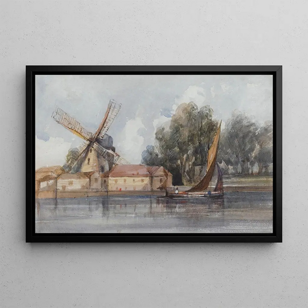 Een boot die een windmolen passeert en boerderijgebouwen - Thomas Shotter Boys — ingelijst kunstwerk aan de muur