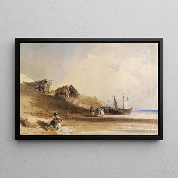 Schelpende scène met personages, boten en vissershuisjes - Thomas Shotter Boys — ingelijst kunstwerk aan de muur