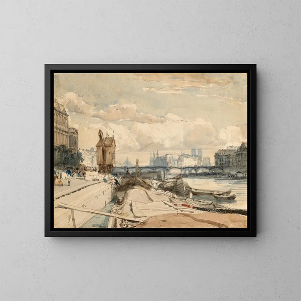 View of the Pont des Arts and the Île de la Cité from Quai du Louvre, Paris - Thomas Shotter Boys — framed artwork on a wall