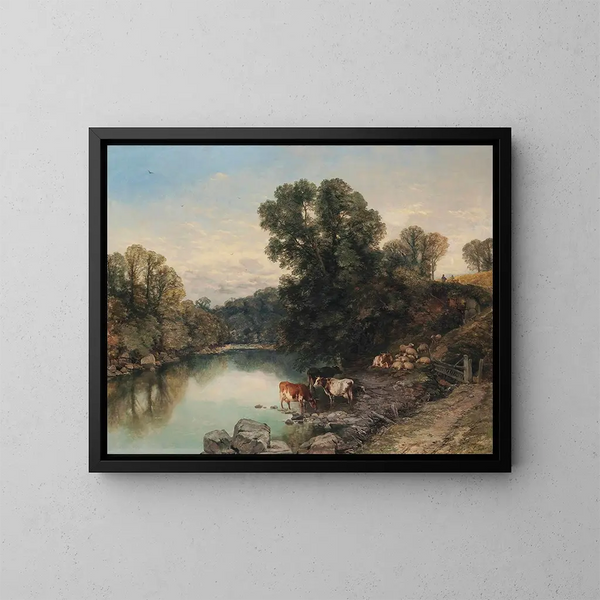 Livestock and Sheep by the Riverbank - Thomas Sidney Cooper — framed artwork on a wall
