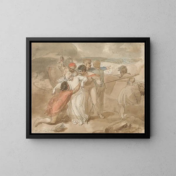 a woman saved from the sea and assisted on the beach, rowboat and rescuers in the background - Thomas Stothard — framed artwork on a wall