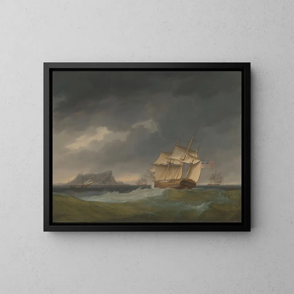 Course dans une tempête au large de Gibraltar - Thomas Whitcombe — framed artwork on a wall