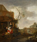 Personages buiten een taverne met een vrouw die reizigers naait op een brug daarbuiten - Thomas Wijck — weergave van het kunstwerk