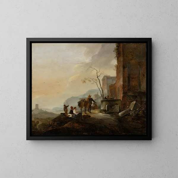 Italian landscape painting with figures near a fountain among ancient ruins - Thomas Wijck — framed artwork on a wall