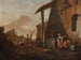 van Servantes die de was doen en een andere dienstmeid die appels verkoopt in een binnenplaats met een heuvelachtig landschap daarachter - Thomas Wijck — weergave van het kunstwerk