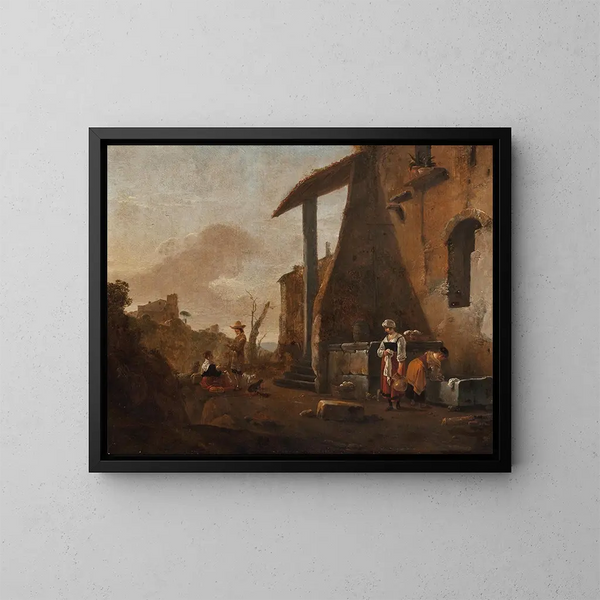 Servants washing laundry and another servant selling apples in a courtyard with a hilly landscape beyond - Thomas Wijck — framed artwork on a wall