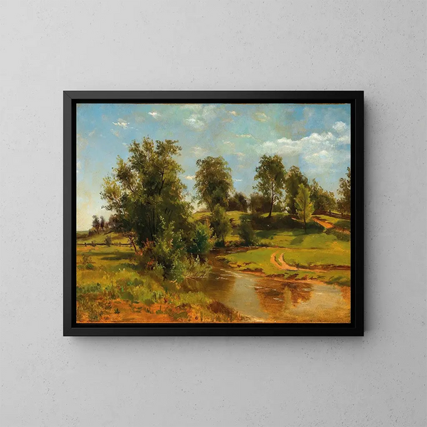 Een glooiend landschap met een beek - Tina Blau — ingelijst kunstwerk aan de muur