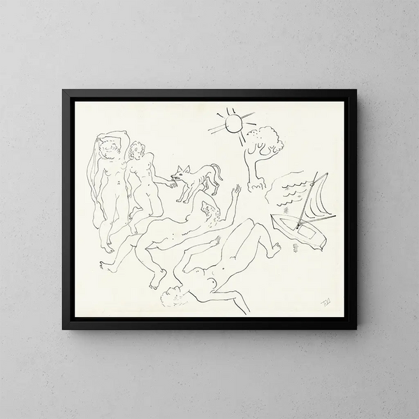 Four nude women with a dog, a boat, a tree, and the sun - Tinus van Doorn — framed artwork on a wall