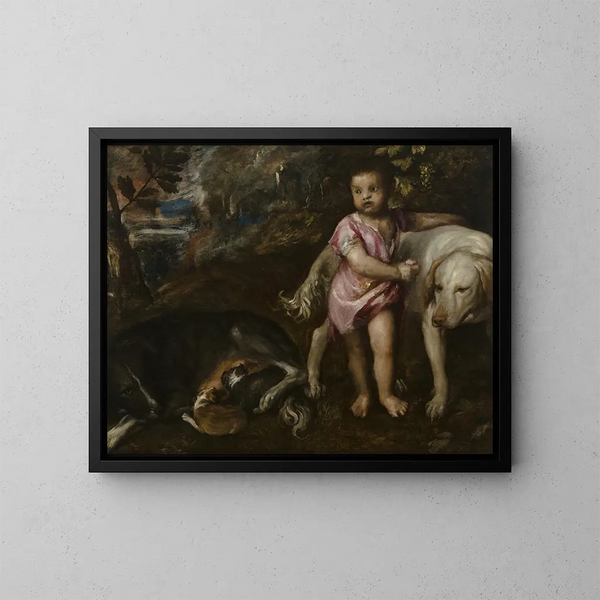 Jongen met honden in een landschap - Titiaan — ingelijst kunstwerk aan de muur