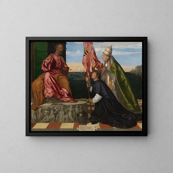 De paus Alexander VI presenteert bisschop Jacopo Pesaro aan Sint Pieter - Titien — ingelijst kunstwerk aan de muur