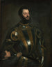 portret van Alfonso d'Avalos, markies van Vasto in harnas met page - Titian — weergave van het kunstwerk