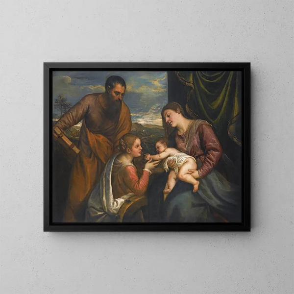De Maagd met Kind en de heiligen Lucas en Catharina van Alexandrië - Titiaan — ingelijst kunstwerk aan de muur