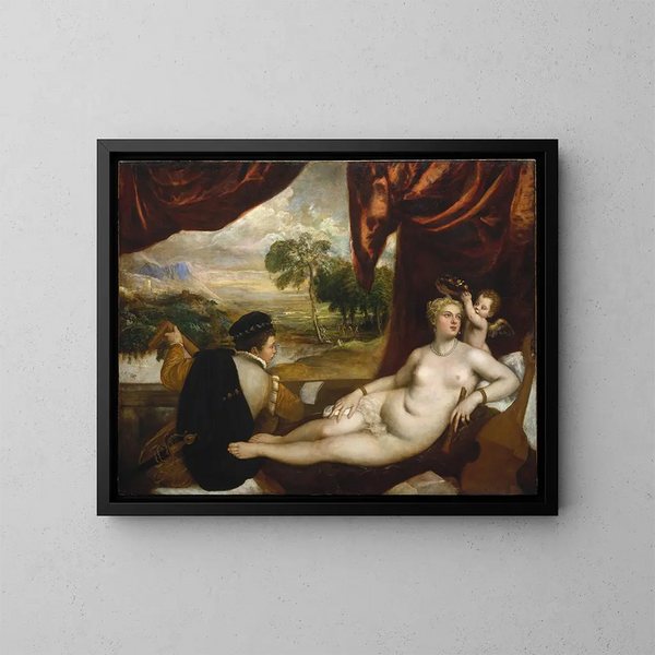 Venus and the Lute Player - Titian — framed artwork on a wall