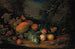 Een gespleten meloen, perziken, pruimen, rozijnen, appels en zwarte bessen met een papegaai en een vink, een berglandschap op de achtergrond - Tobias Stranover — weergave van het kunstwerk