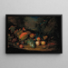 Een gespleten meloen, perziken, pruimen, rozijnen, appels en zwarte bessen met een papegaai en een vink, een berglandschap op de achtergrond - Tobias Stranover — ingelijst kunstwerk aan de muur