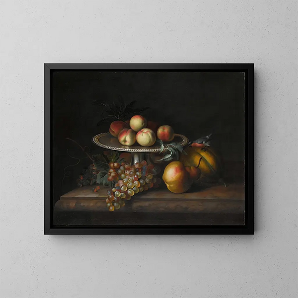 Peaches on a silver tazza with grapes, a pear, a melon, and a bird on a marble ledge - Tobias Stranover — framed artwork on a wall