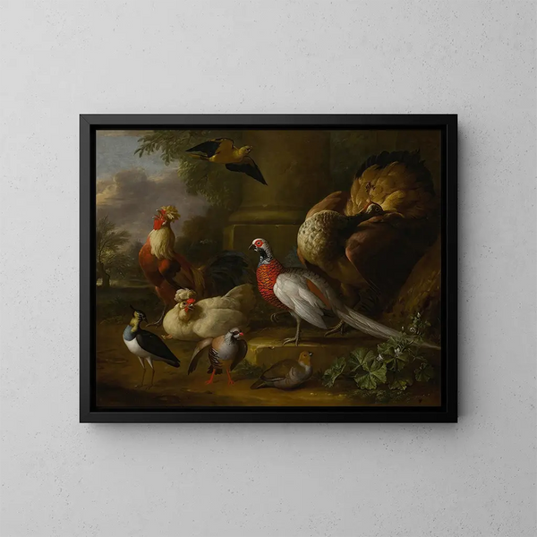 Peacocks, pheasants, hens, partridges, and a lapwing in a landscape - Tobias Stranover — framed artwork on a wall