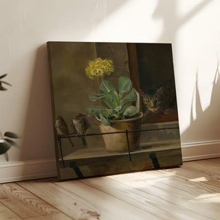 Natuurstudie met een primula in een bloemenpot, een kat en twee mussen - Martinus Rørbye