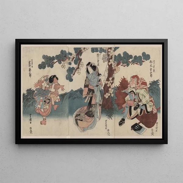 Matsumoto Koshiro, Segawa Kikunojo, Iwai Kumesaburo - Toyokuni Utagawa — ingelijst kunstwerk aan de muur