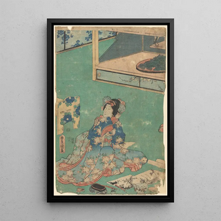 Toyokuni Utagawa - Woman in kimono of blue shaded as a background for elaborate embroidery of pink peonies.webp