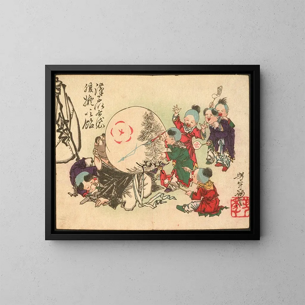 Kinderen die hotels laten ontploffen, met een buik geschilderd als snoep - Tsukioka Yoshitoshi — ingelijst kunstwerk aan de muur
