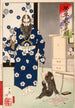 Kazuenokami Kat Kiyomasa die een aap met een penseel observeert - Tsukioka Yoshitoshi — weergave van het kunstwerk