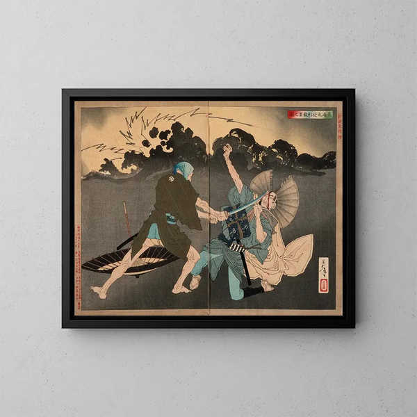 Murai Chan die haar jongere broer doodt op de kruising - Tsukioka Yoshitoshi — ingelijst kunstwerk aan de muur