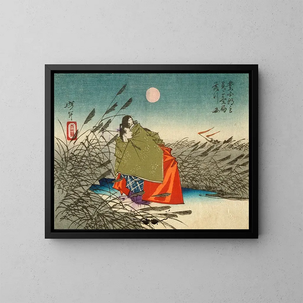 Narihira en Nij no Tsubone aan de oever van de Fuji-rivier - Tsukioka Yoshitoshi — ingelijst kunstwerk aan de muur
