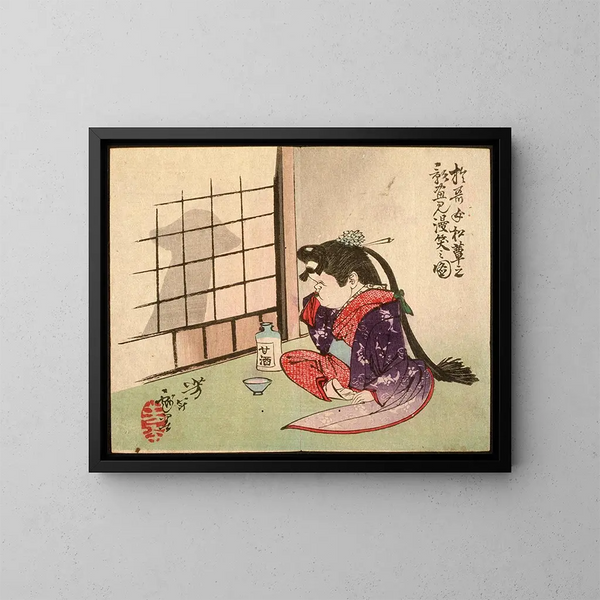 Okame lachend in de schaduw van een paddenstoel - Tsukioka Yoshitoshi — ingelijst kunstwerk aan de muur