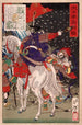 Tsukioka Yoshitoshi - Schilderij van Sakanoue Tamuramaro onder een regen van pijlen — weergave van het kunstwerk